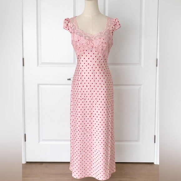 Thirty Thirty Dresses & Skirts - Pink Polka Dot Satin Maxi Dress w/ Lace Bodice & Open Back
